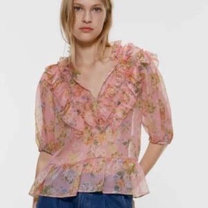 NWOT Zara Sheer Floral Top With Ruffles Size S